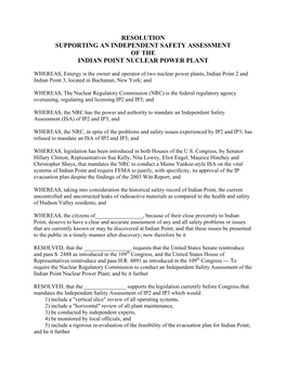 Resolution Supporting an Independent Safety Assessment of the Indian Point Nuclear Power Plant