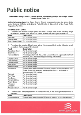 Various Roads, Brentwood) (30Mph and 20Mph Speed Limit & Zone