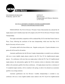 Wednesday, April 29, 2015 Marie Scovron Championships and Alliances, Operations 317/917-6222