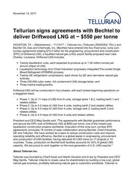 Tellurian Signs Agreements with Bechtel to Deliver Driftwood LNG at ~ $550 Per Tonne