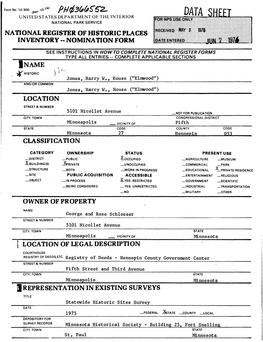 Data Sheet National Park Service National Register of Historic Places Inventory -- Nomination Form