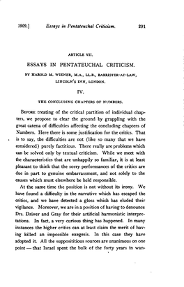 Essays in Pentateuchal Criticism