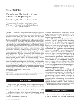 Episodic and Declarative Memory: Role of the Hippocampus