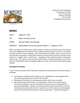 DATE: August 27, 2014 TO: Mayor and City Council FROM: Spencer