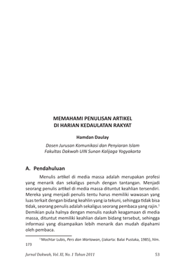 MEMAHAMI PENULISAN ARTIKEL DI HARIAN KEDAULATAN RAKYAT A. Pendahuluan