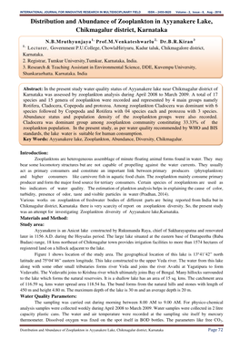 Distribution and Abundance of Zooplankton in Ayyanakere Lake, Chikmagalur District, Karnataka