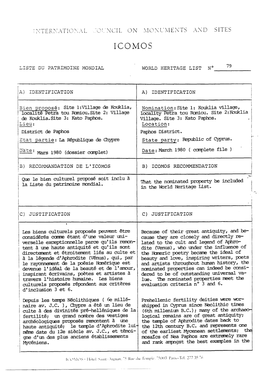 Ib) RECO~H~NDATION DE L'icomos B) Ic0r.10S RECOM.1I1ENDATION /'1 I Que Ie Bien Culturel Propose Soit Inclu a La Liste Du Patriiroine Rrondial