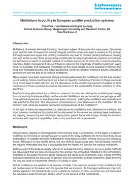 Mutilations in Poultry in European Poultry Production Systems Vol