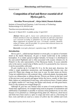 Composition of Leaf and Flower Essential Oil of Myrica Gale L