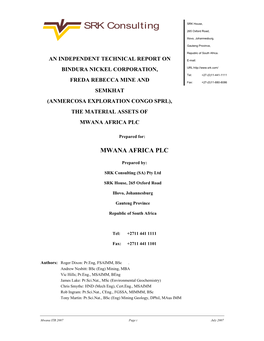 TECHNICAL REPORT on E-Mail: BINDURA NICKEL CORPORATION, URL: Tel: +27-(0)11-441-1111