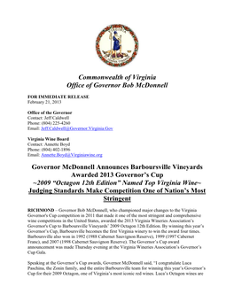 Commonwealth of Virginia Office of Governor Bob Mcdonnell