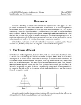 Recurrences 1 the Towers of Hanoi