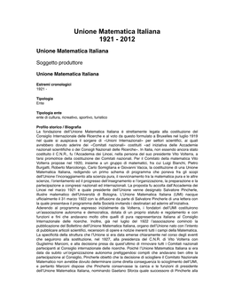 Unione Matematica Italiana 1921 - 2012