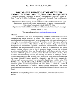 COMPARATIVE BIOLOGICAL EVALUATION of SIX ENDOPHYTIC FUNGI ISOLATED from VINCA ROSEA LEAVES Ahmed M