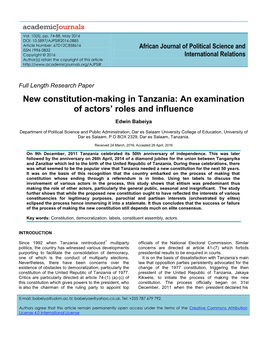 New Constitution-Making in Tanzania: an Examination of Actors’ Roles and Influence