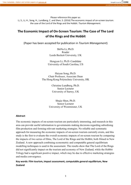 The Economic Impact of On-Screen Tourism: the Case of the Lord of the Rings and the Hobbit