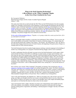 What Is the Sixth Zapatista Declaration? a Bit of History As the “Other Campaign” Begins in the City of San Cristóbal De Las Casas