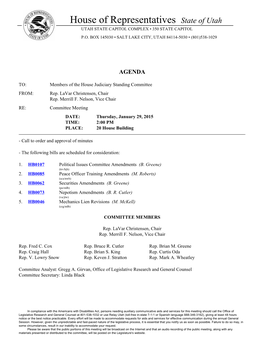 House of Representatives State of Utah UTAH STATE CAPITOL COMPLEX • 350 STATE CAPITOL P.O