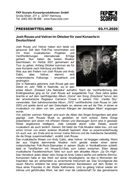 PRESSEMITTEILUNG 03.11.2020 Josh Rouse Und Vetiver Im Oktober