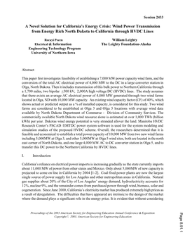 Wind Power Transmission from Energy Rich North Dakota to California Through HVDC Lines