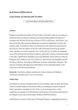 An Interview with Tom Nairn for Scottish Affairs 26.4 (November 2016)