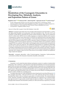 Metabolism of the Cyanogenic Glucosides in Developing Flax: Metabolic Analysis, and Expression Pattern of Genes