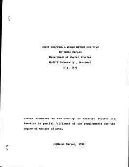 CHAVA SHAPIRO; a WOMAN BEFORE BER TINE by Naomi Caruso Department of Jewish Studies Mcgill University, Montreal July, 1991