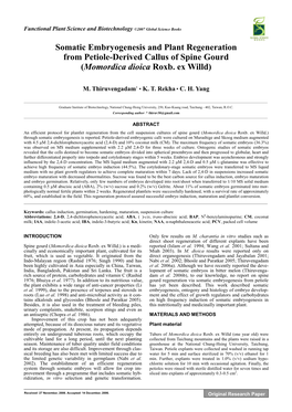 Somatic Embryogenesis and Plant Regeneration from Petiole-Derived Callus of Spine Gourd (Momordica Dioica Roxb