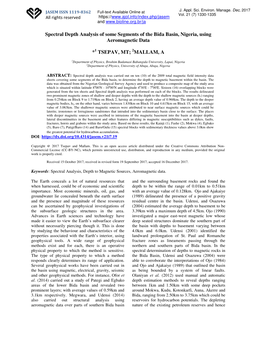 Spectral Depth Analysis of Some Segments of the Bida Basin, Nigeria, Using Aeromagnetic Data