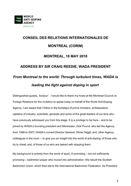 (Corim) Montreal, 18 May 2018 Address by Sir Craig Reedie