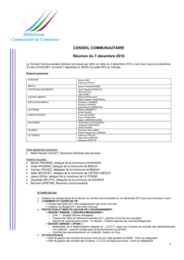 CONSEIL COMMUNAUTAIRE Réunion Du 7 Décembre 2010