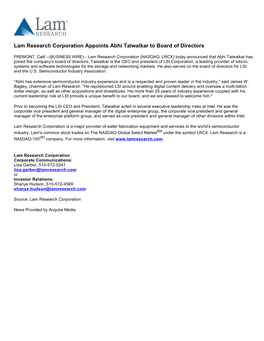 Lam Research Corporation Appoints Abhi Talwalkar to Board of Directors