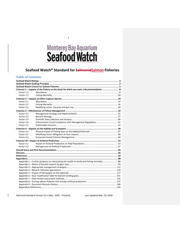 Seafood Watch® Standard for Salmonidsalmon Fisheries Table of Contents Seafood Watch Ratings