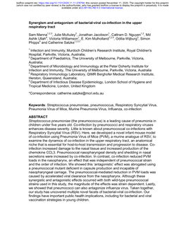 Synergism and Antagonism of Bacterial-Viral Co-Infection in the Upper Respiratory Tract