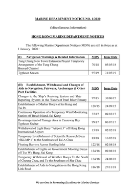 Marine Department Notice No. 1/2020