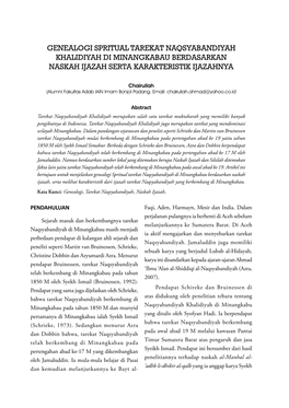 Genealogi Spritual Tarekat Naqsyabandiyah Khalidiyah Di Minangkabau Berdasarkan Naskah Ijazah Serta Karakteristik Ijazahnya