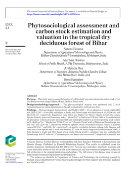 Phytosociological Assessment and Carbon Stock Estimation and Valuation in the Tropical Dry 2 Deciduous Forest of Bihar