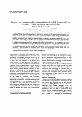 Rapid in Vitro Propagation of the Threatened Endemic Orchid, Ipsea Malabarica (Reichb.F.) J D Hook Through Protocorm-Like Bodies