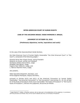 INTER-AMERICAN COURT of HUMAN RIGHTS CASE of the HACIENDA BRASIL VERDE WORKERS V. BRAZIL JUDGMENT of OCTOBER 20, 2016 (Prelimina