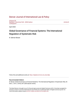 Global Governance of Financial Systems: the International Regulation of Systematic Risk