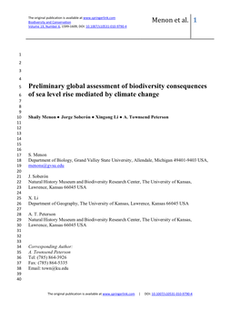 Of Sea Level Rise Mediated by Climate Change 7 8 9 10 Shaily Menon ● Jorge Soberón ● Xingong Li ● A