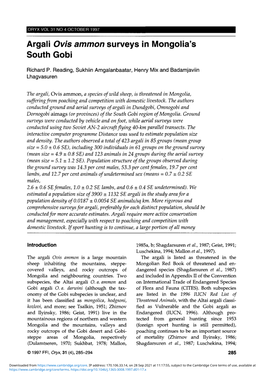 Argali Ovis Ammon Surveys in Mongolia's South Gobi