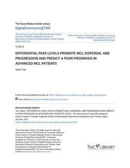 Differential Pax5 Levels Promote Mcl Dispersal and Progression and Predict a Poor Prognosis in Advanced Mcl Patients