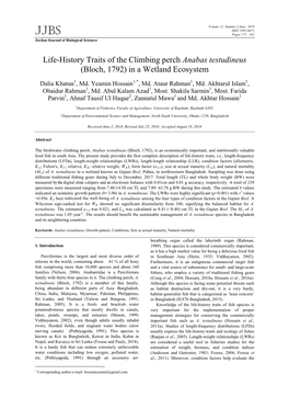 Life-History Traits of the Climbing Perch Anabas Testudineus (Bloch, 1792) in a Wetland Ecosystem