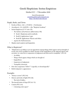 Greek Skepticism: Sextus Empiricus Merlin CCC – 7 November 2020 David Nowakowski Consulting.Philosopher@Gmail.Com