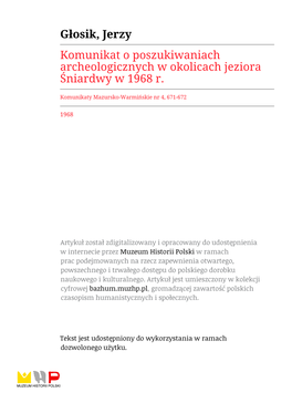 Głosik, Jerzy Komunikat O Poszukiwaniach Archeologicznych W Okolicach Jeziora Śniardwy W 1968 R