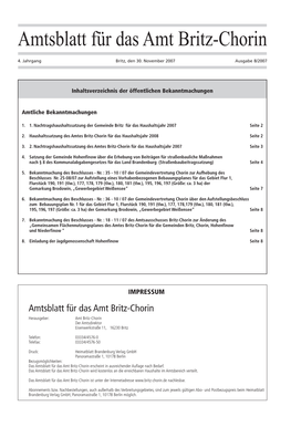 Amtsblatt Für Das Amt Britz-Chorin