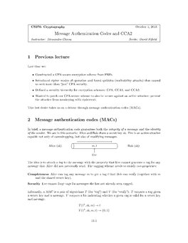 1 Previous Lecture 2 Message Authentication Codes (Macs)