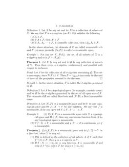 1. Σ-Algebras Definition 1. Let X Be Any Set and Let F Be a Collection Of