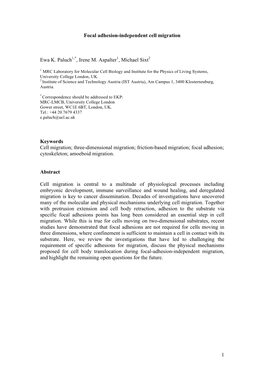 1 Focal Adhesion-Independent Cell Migration Ewa K. Paluch1,*, Irene M